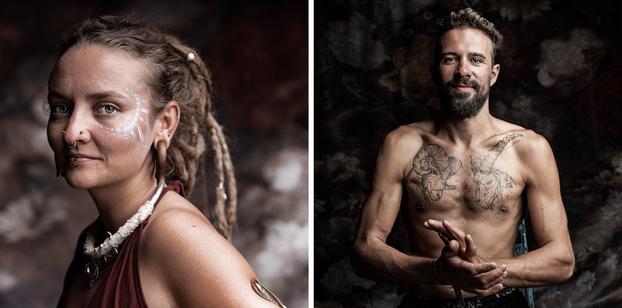 portraits de festivaliers- deux portraits en couleur d'une jeune feemme et d'un homme tous les deux tatoués