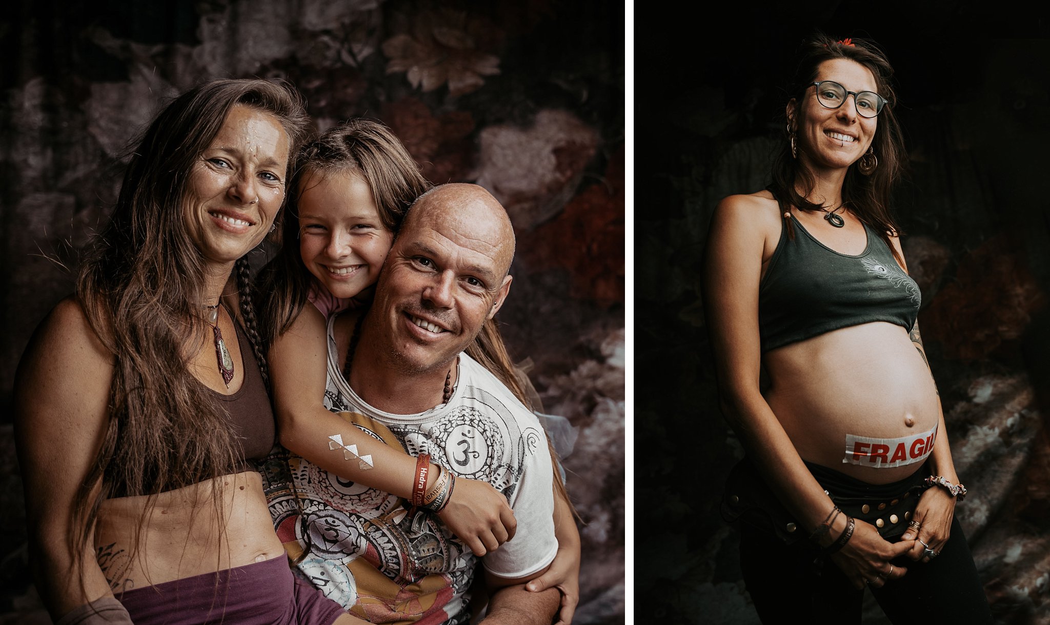 portrait de festivalier une maman pose avec sa fille et son mari, à côté une femme enceinte prends la pose